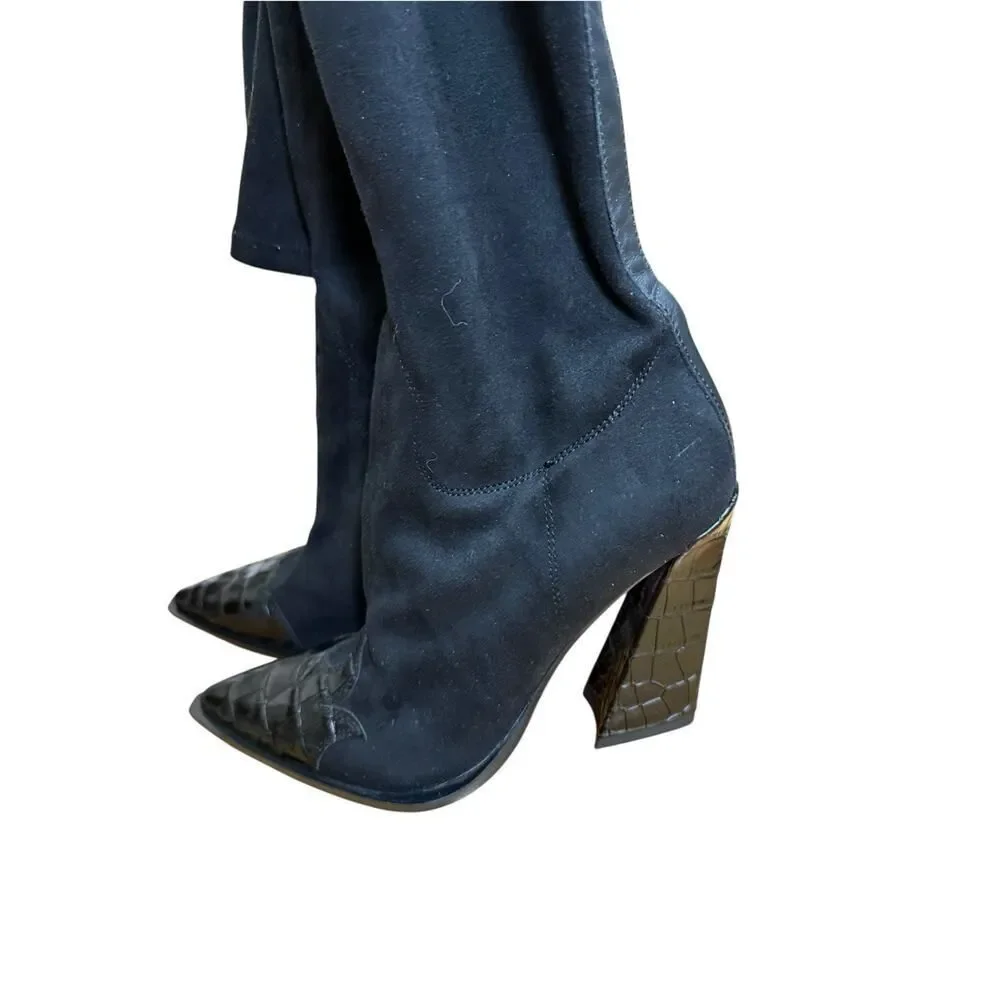 NEW SONORA Over Knee Pasilla Croc-Detail Black Boots 39 US 8 Black Italy $1403
